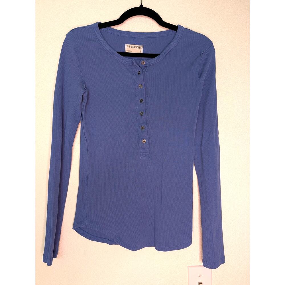 Free People We the Free Blue Waffle Knit Henley S Longsleeve Button Boho Capsule